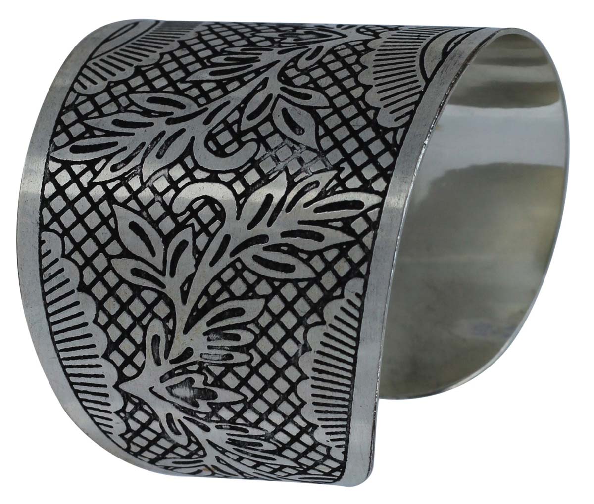 Wholesale Bracelets from India – Antique-Look Cuff Bracelet – Cast in Brass – Nickel Plated & Black Shading – Leafy Motifs – Bracelets in Bulk